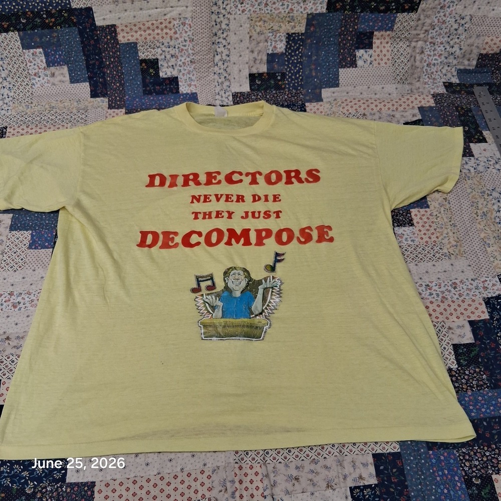 Vintage 70s Iron On Funny Tee Shirt Size XL Yellow Thin Directors compose